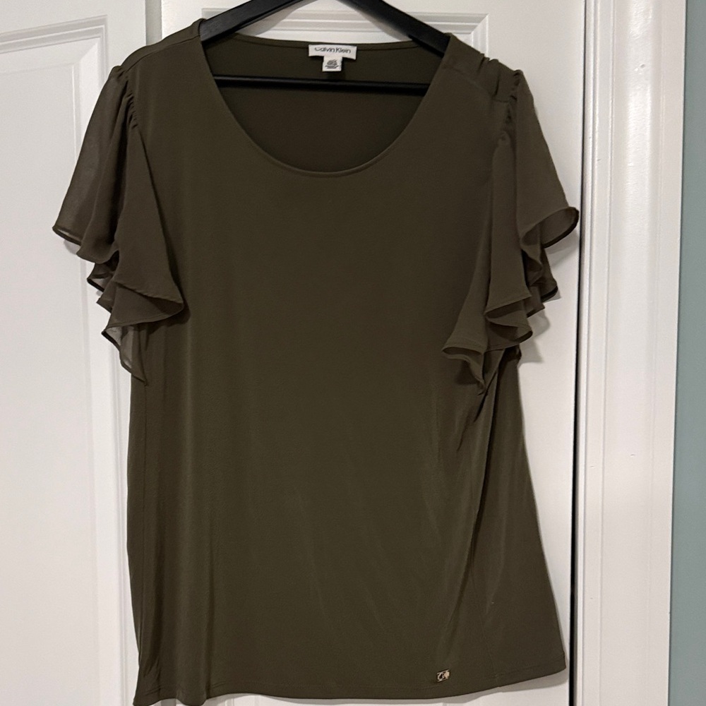 Calvin Klein Olive Green Ruffle Sleeve Scoop Neck Tee